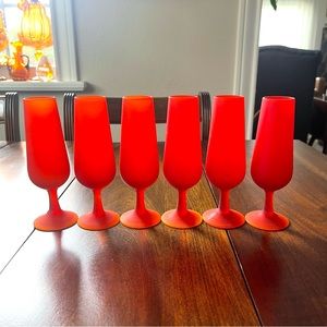 Six Vintage MCM Satin Red/Orange fluted Cordial glasses. Bases UV reactive.